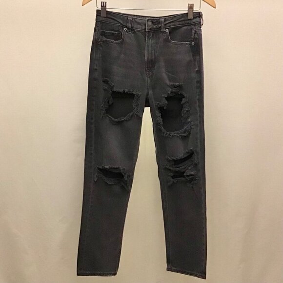 American Eagle 4 Mom Jeans Women’s High Rise Washed Black Distressed Ripped - Picture 2 of 10